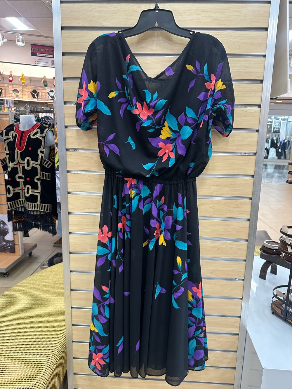 Black Floral Midi Dress with Multicolor Blooms and V-Neck